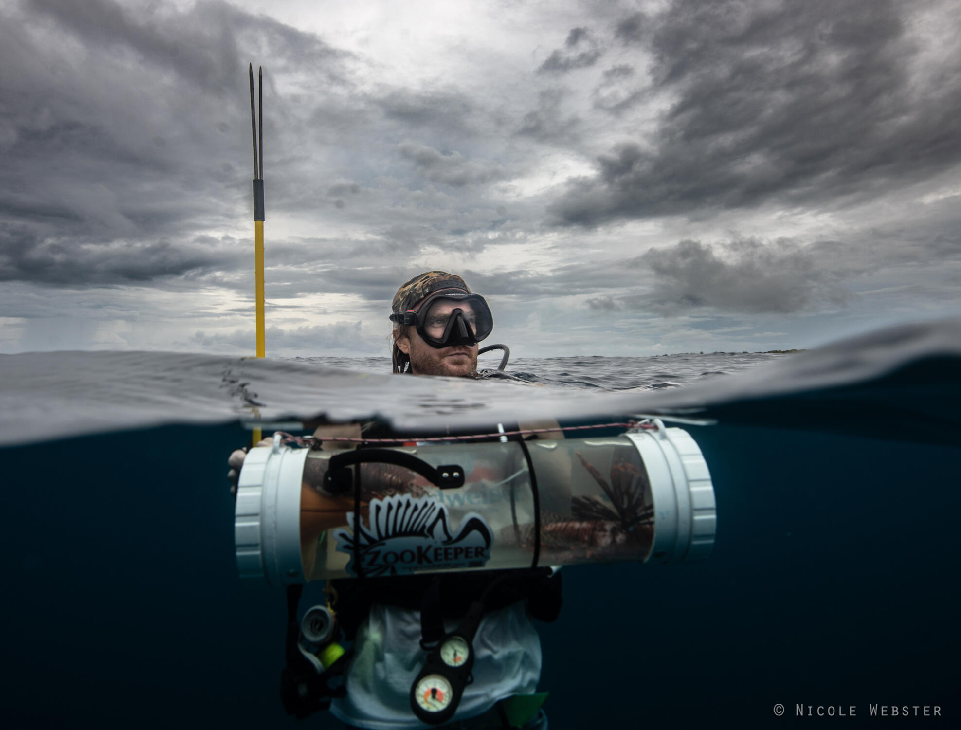 A Commitment to Change: As he resurfaces, a diver celebrates his successes and reaffirms his dedication to protecting marine ecosystems from the invasive lionfish menace.